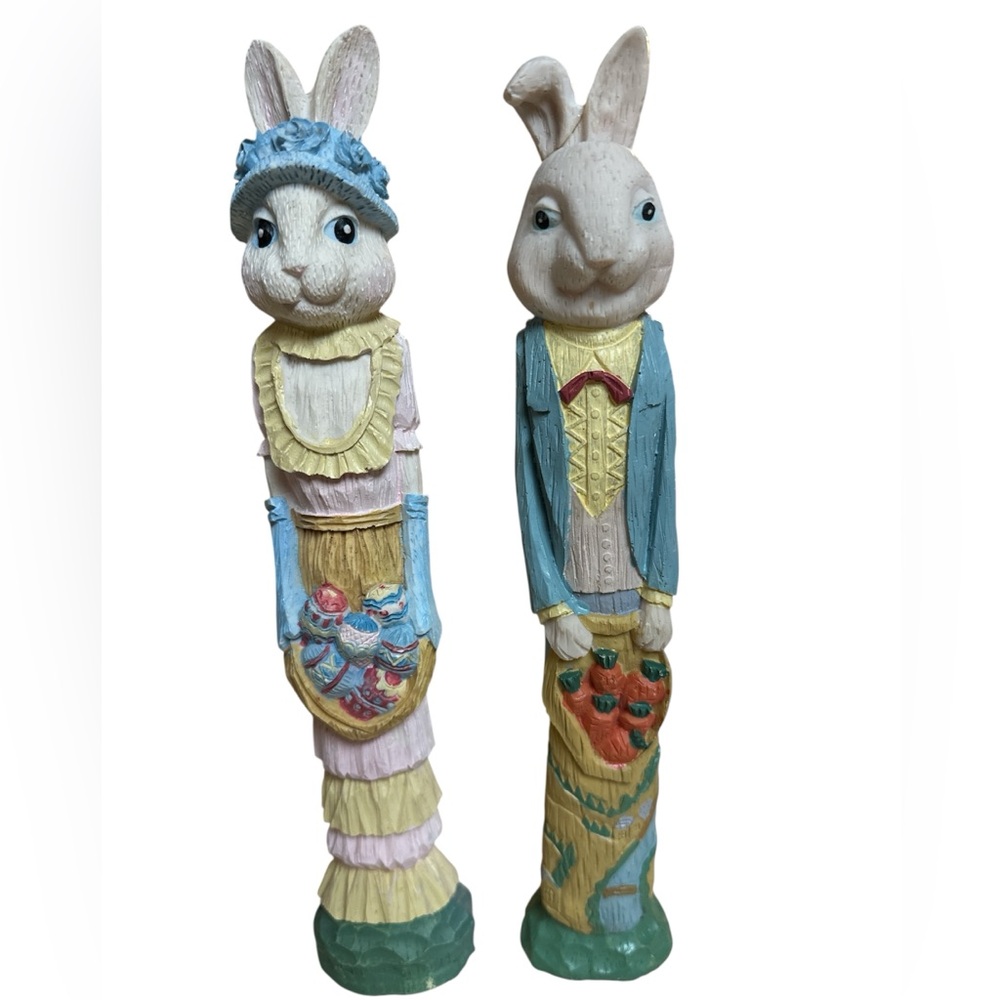 Colorful Decorative Easter Tall Skinny Figurines Momma & Papa Rabbits Flaw